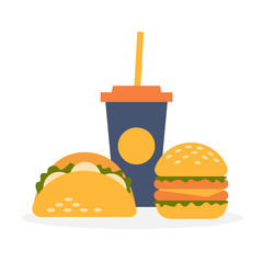 Fast food. Set of street food: a glass of drink, tortilla tacos, burger. Vector illustration in flat style.