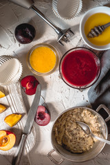 Ingredients and peanut butter on a wooden table