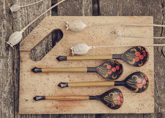 Still life of kitchen wooden utensils