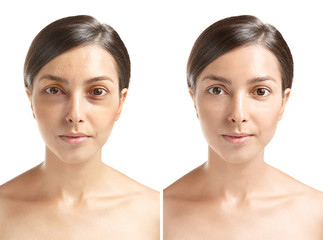 Portrait of young woman before and after the makeup, isolated on white