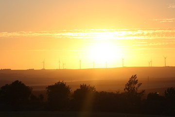 the sunset on the background of windmills