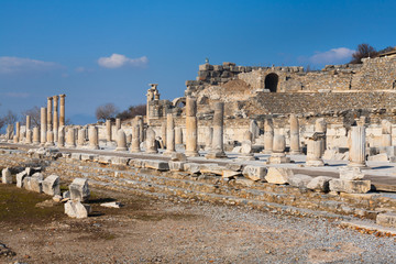 Fototapeta na wymiar Panorama Roman main road with stone columns row in ephesus Archaeological site in turkey