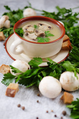 Fresh mushroom soup with green parsley, bread and pepper