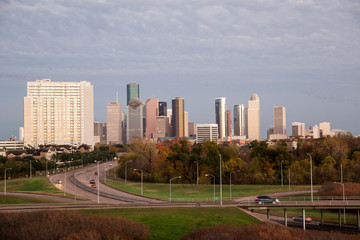 Mid town downtown Houston Texas buildings low clouds foggy 