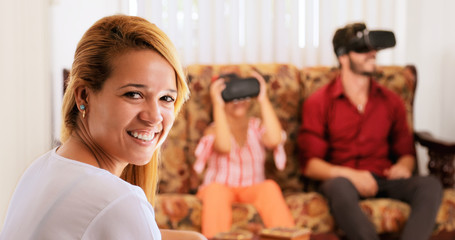 Portrait Happy Mother Smiling And Family Playing Virtual Reality