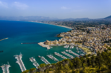 Aerial view of the old port of Castellamare del Golfo and its new moorings for yachts