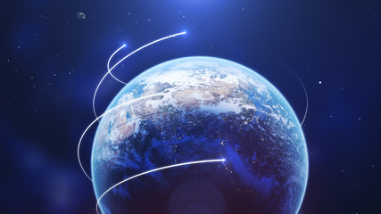 Planet earth from space with energy white streaks. Some elements of this image furnished by NASA. 3d illustration. Closeup earth orbit.