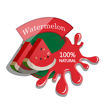 Realistic watermelon. Berry label with juice splash. Vector illustration isolated on white background. 100% natural organic fruit