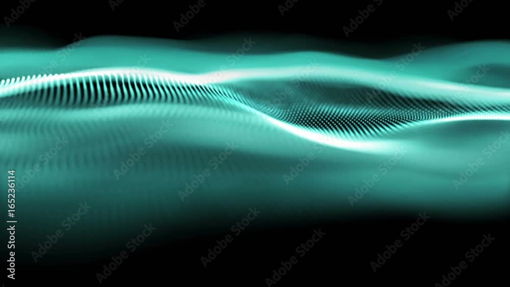 Poster Digital abstract cyber wave flowing particles form de-focus cyber technology background