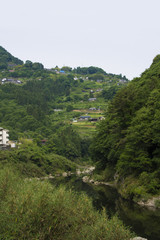 Fototapeta na wymiar 阿波川口、吉野川と村 Yoshino river and Kawaguchi village, Tokushima, Japan