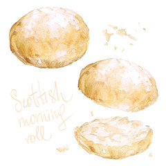 Scottish morning roll. Watercolor Illustration. 