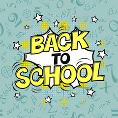 Obraz premium Back to school vector illustration. Formulas background. Comic retro style. Halftone circle element.