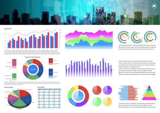 business document template. header graphic of cityscape and various dummy graphs.