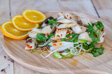 Yum mushroom and Sunflower seedlings Put in a wooden dish