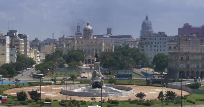 High angle aerial establishing shot of Maximo Gomez Monument
Monumento a Máximo Gómez in Havana, Cuba. The Capitol dome is in the distance.  