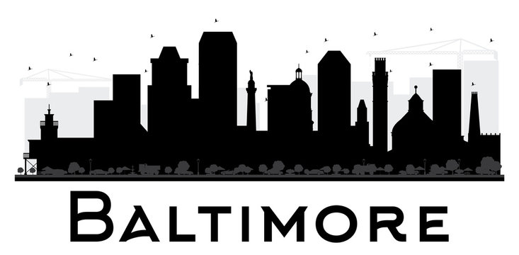 Baltimore City skyline black and white silhouette.