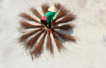Girl drying brooms