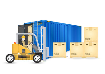Vector of operator, driver or worker to handling box on pallet into storage or cargo container by forklift, equipment for logistic, shipping and delivery. Freight transport and distribution industry.