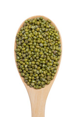 mung beans grain in wooden spoon isolated on white background