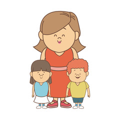 cute cartoon illustration of mother with two kids