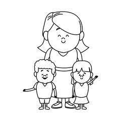 cute cartoon illustration of mother with two kids