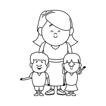 cute cartoon illustration of mother with two kids