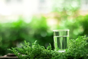 Tuinposter Water a glass of cool fresh water on natural green background