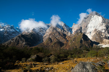 Snow mountain and cloud Landscape view at Lachung, clear weather