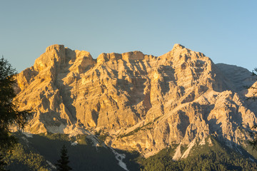 Obraz premium Fantastic landscape on the Dolomites during the sunset. View on Sas Crusc, and Lavarela picks. Alta Badia, Sud Tirol, Italy