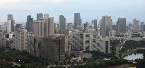 日本の東京都市風景（霞が関の官庁街やビル群を望む）