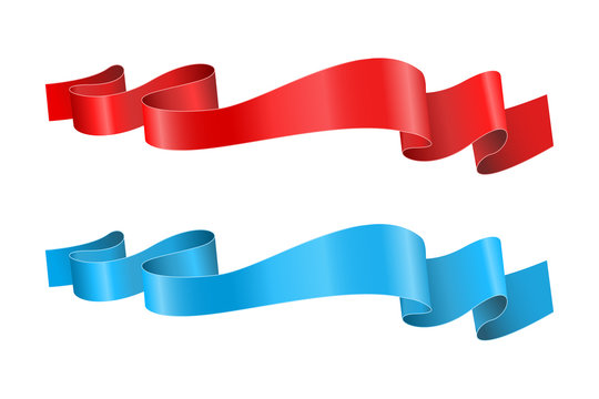 Red and blue ribbon banners. Shiny silk scrolls