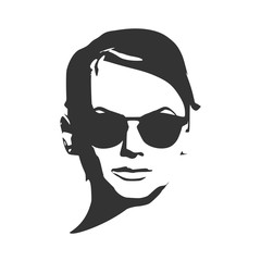 Portrait of beautiful woman in black sunglasses. Short hair. Front view