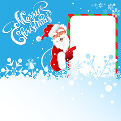 Merry Christmas, Santa pointing on blank advertisement banner, Christmas card, vector illustration