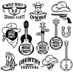 Set of country music festival emblems and design elements. Cowboy party. Vector illustration - obrazy, fototapety, plakaty