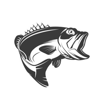 Bass fish icon isolated on white background. Design element for logo, emblem, sign, brand mark.  Vector illustration