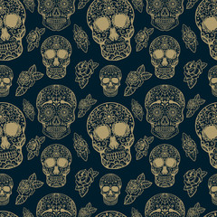 Seamless pattern with sugar skulls isolated on white background. Vector illustration
