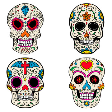 Set of the sugar skulls isolated on white background. Dia de los Muertos. Day of the Dead. Vector illustration