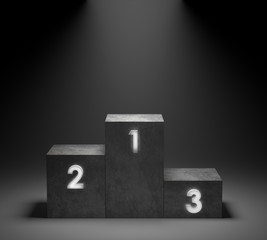 Empty winners concrete podium with neon number  glowing light on spotlight background. 3D...