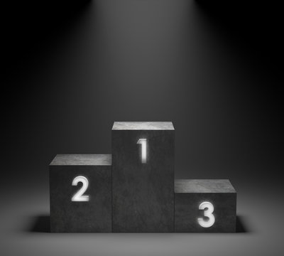 Empty winners concrete podium with neon number  glowing light on spotlight background. 3D rendering.
