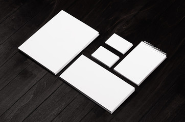 Branding stationery, mockup scene on black wooden plank, blank objects for placing your design.