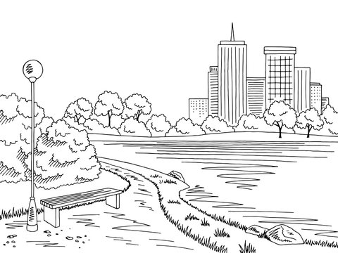 Park lake graphic black white bench lamp landscape sketch illustration vector