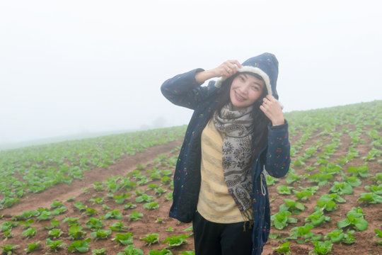 Walking woman in a cabbage farm cold with fog phu Tubberk phetchabun