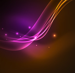 Energy lines, glowing waves in the dark, vector abstract background