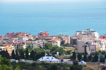 Panorama of the beautiful houses and red roofs, the sea of the Balkan mountain Bulgaria summer resort