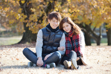 Fototapeta premium 秋の公園で寄り添うカップル