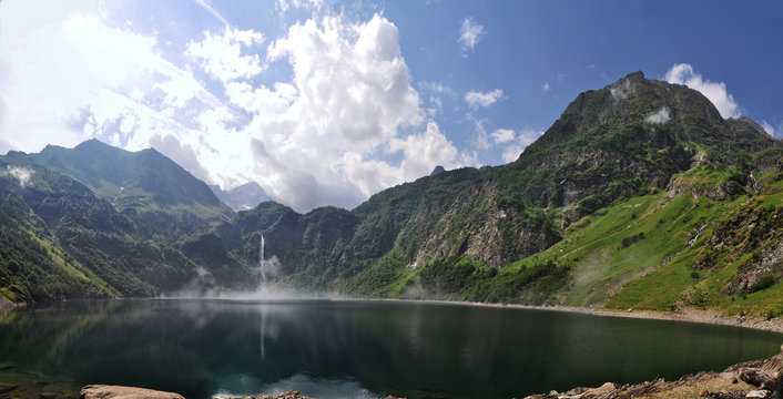 Mystical view from the shores of the O&ocirc; lake in the Pyr&eacute;n&eacute;es Mountains (France) in summer