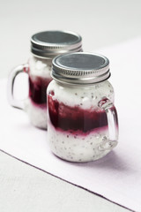 Yogurt with chia seeds and fruit filling, healthy breakfast concept