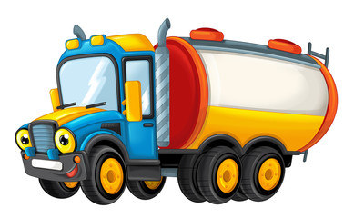 happy and funny cartoon cistern truck looking and smiling driving through the city - illustration for children