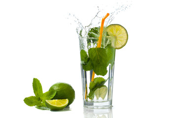 Mojito cocktail on a white background with a splash