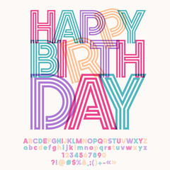 Bright banner with text Happy Birthday. Vector set of colorful Alphabet letters, numbers and symbols. Graphic style Font.